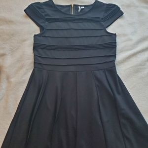 Pleated Short Sleeve Fit and Flare Black Dress